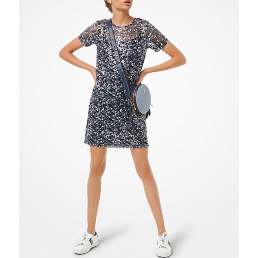 Michael Kors Purple Sequin Mini Dress Floral Appliqué Short Sleeve Shift XS NEW